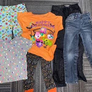 girls 5-6 clothes bundle: jeans pants leggings shirts. halloween emojis glitter